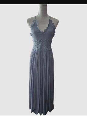 Lulu's “This Is Love” Sky Blue Lace Cutout Maxi Dress, Medium, Zipper Back